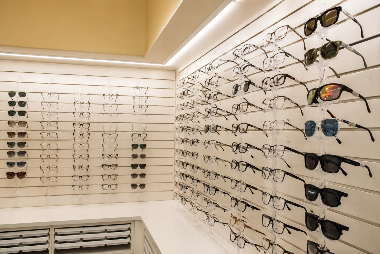 Eyeglass and sunglass frames displayed in the North Providence optical.