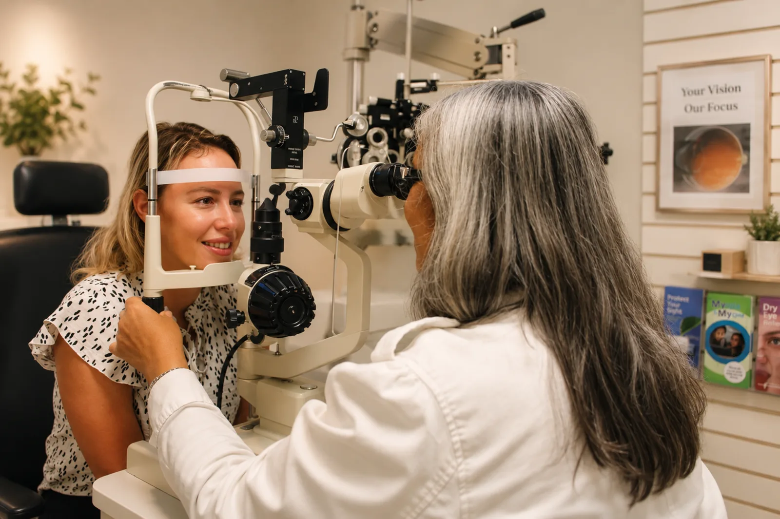 An eye-care professional conducting a slit-lamp examination in the North Providence office.